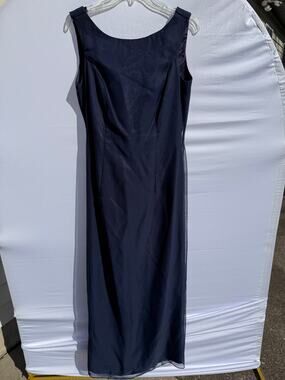 Vintage 90s Jordan Fashions Navy Blue Scoop Neck USA Union Made Taffeta Dress